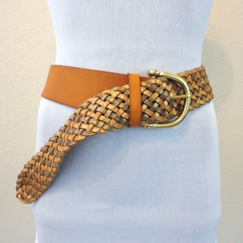 Vintage BOHO BRAIDED Tan Leather Brass Belt M